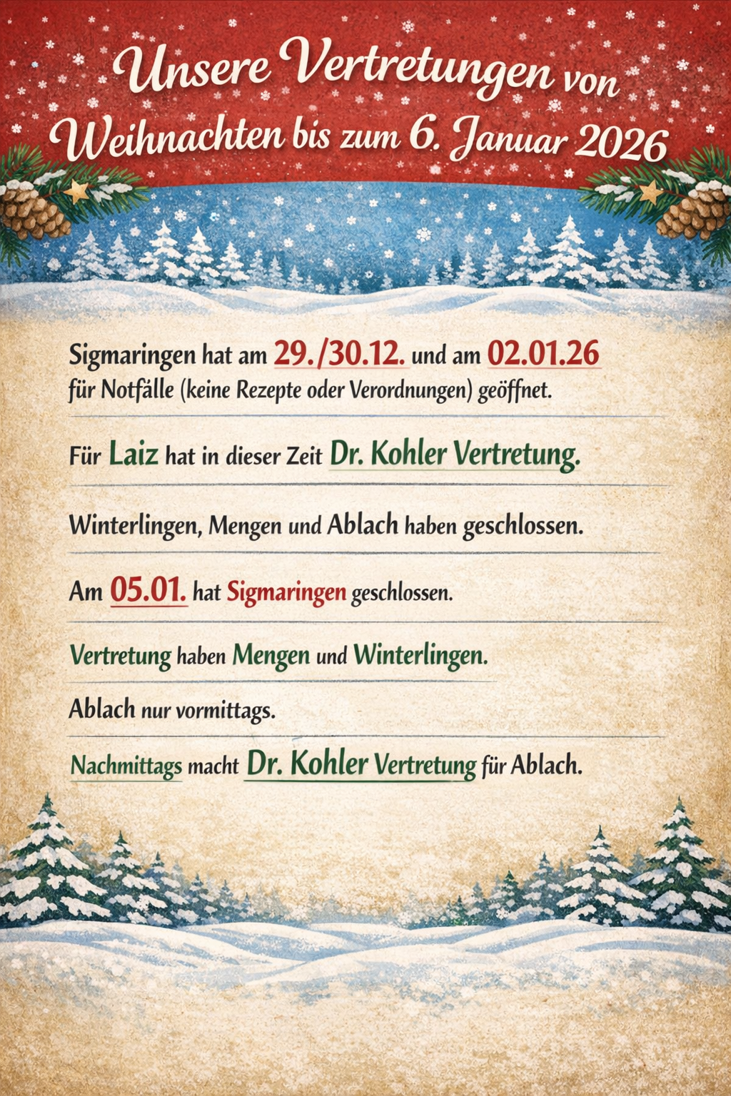 Unsere Vertretungen über Weihnachten und Neujahr